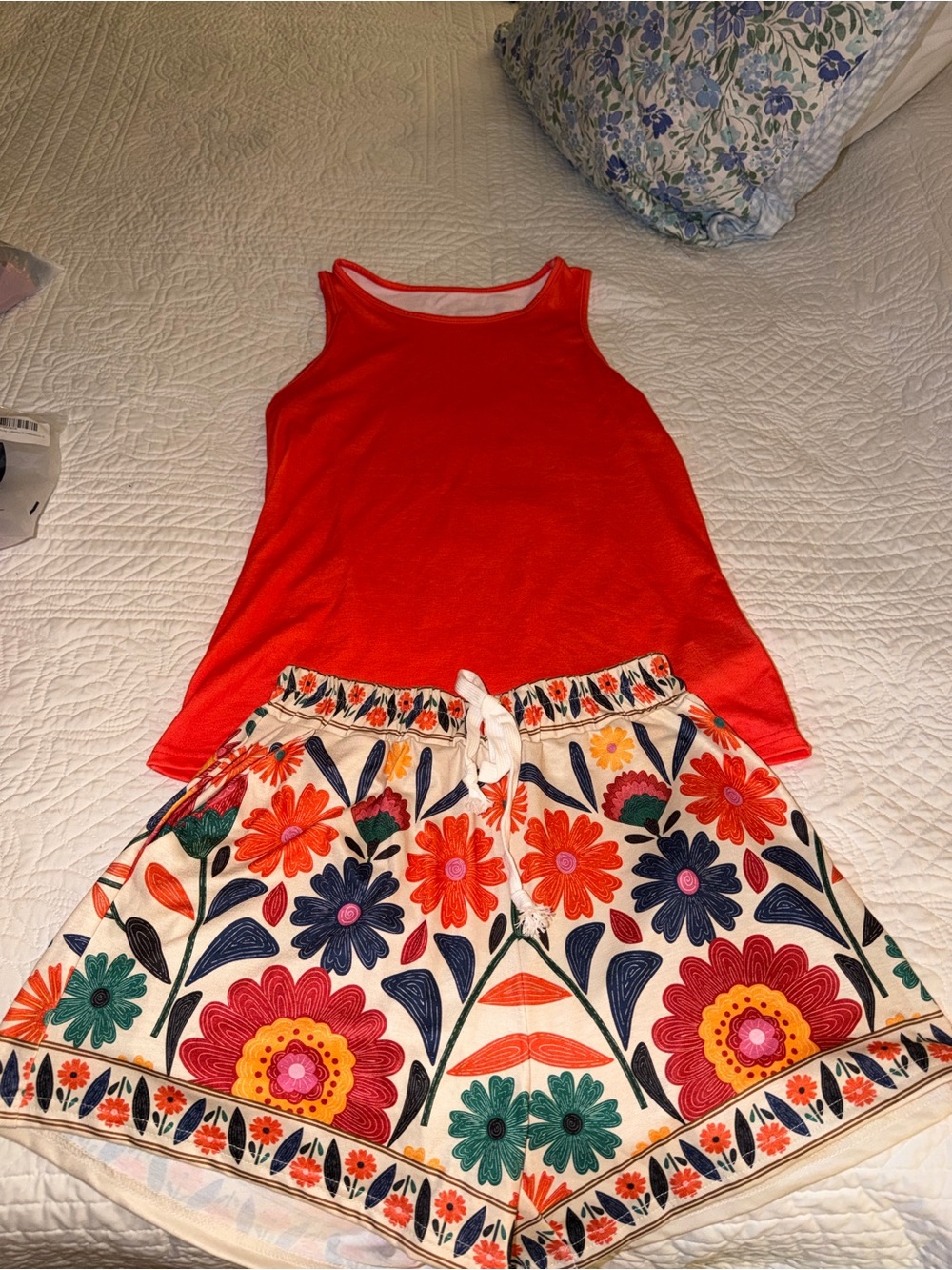 Girls' Red Tank Top and Floral Print Shorts Set